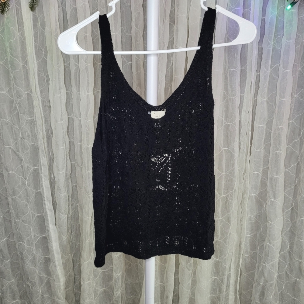 a new day Black Knit Crochet Open Work Tank Top L B Cover Up Boho Coastal Resort